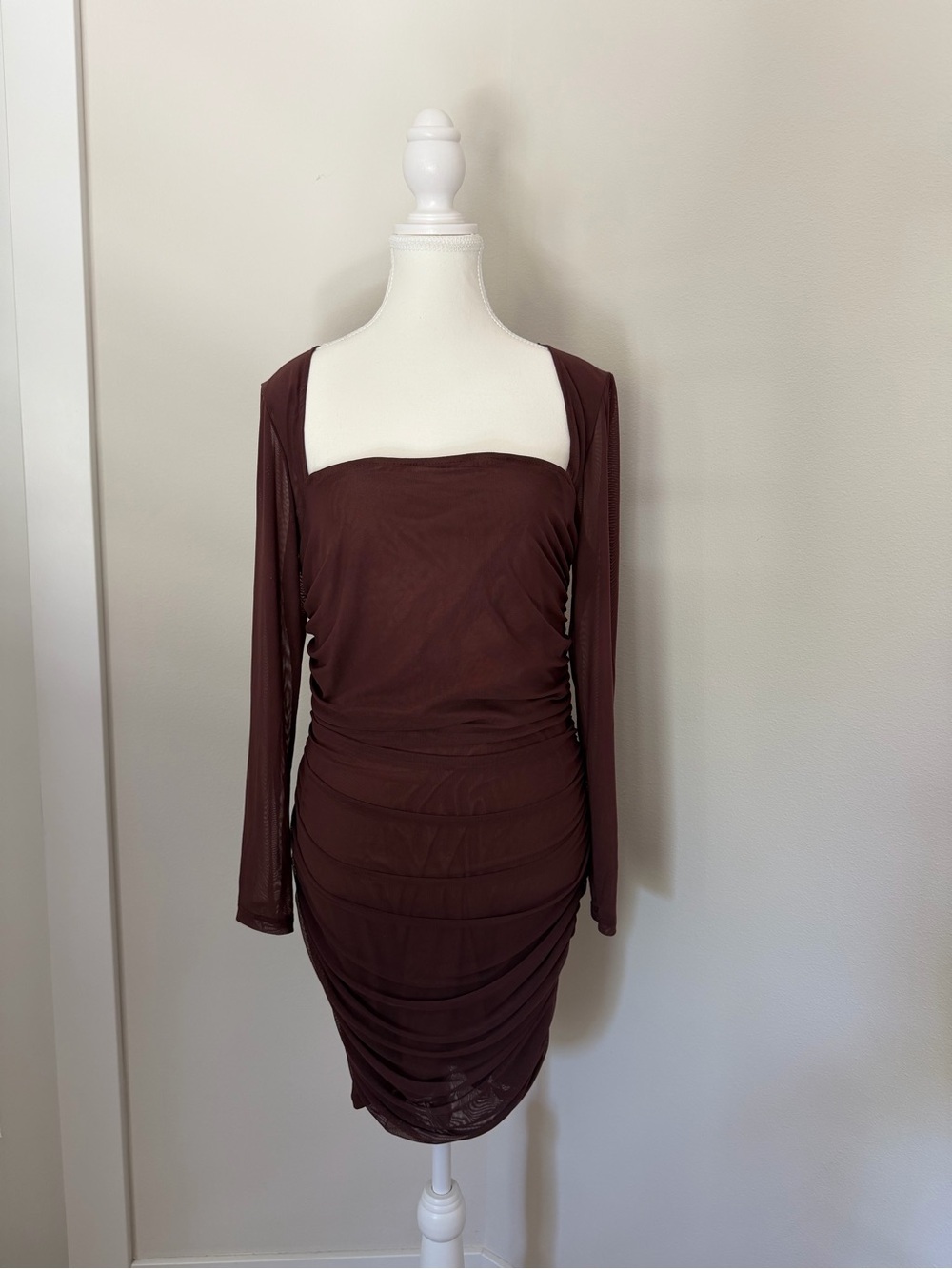 Amazon Brown Ruched Long-Sleeve Midi Dress